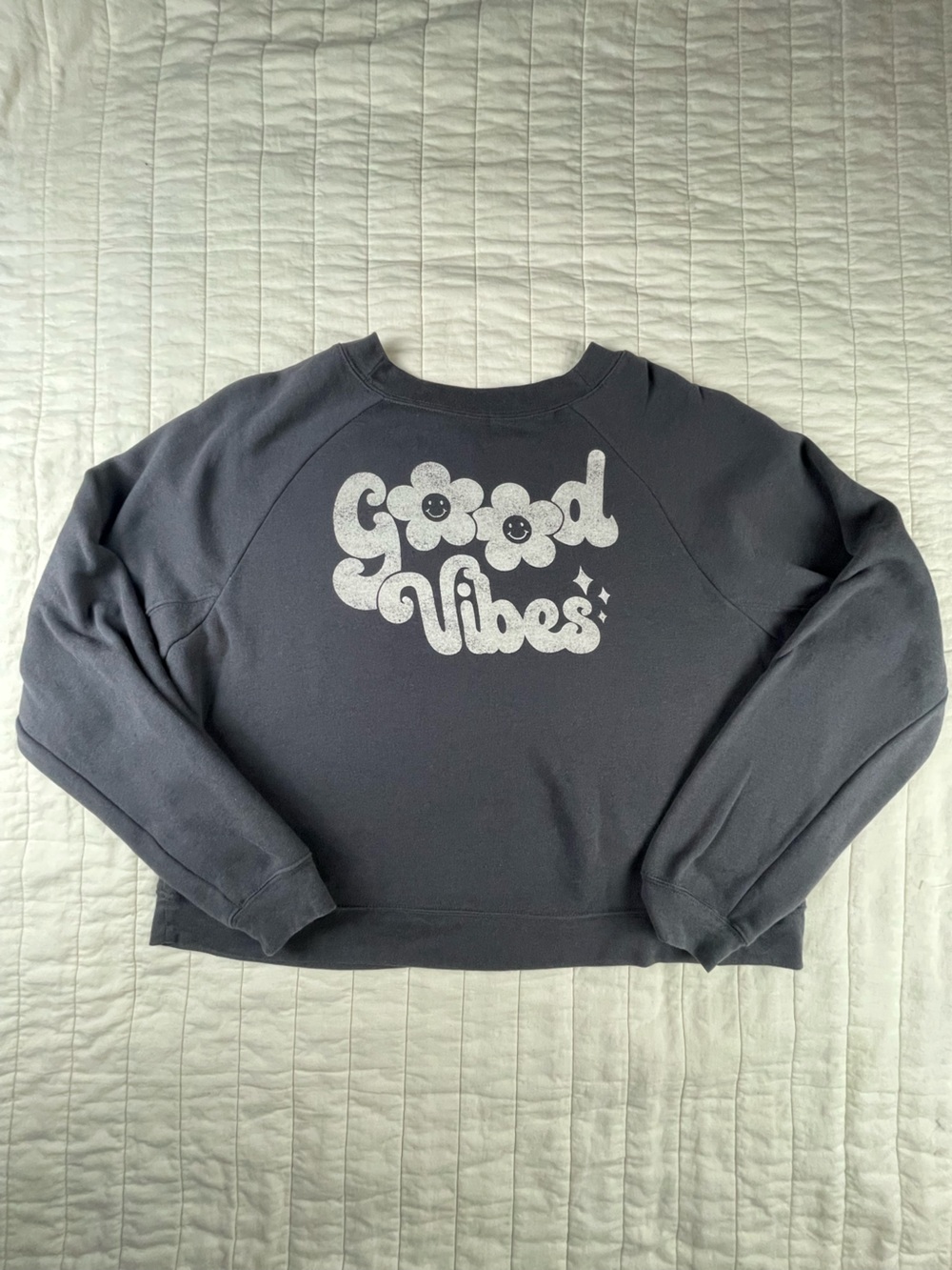 'Good Vibes' Dark Grey Cropped Sweatshirt Oversized Relaxed Fit Large